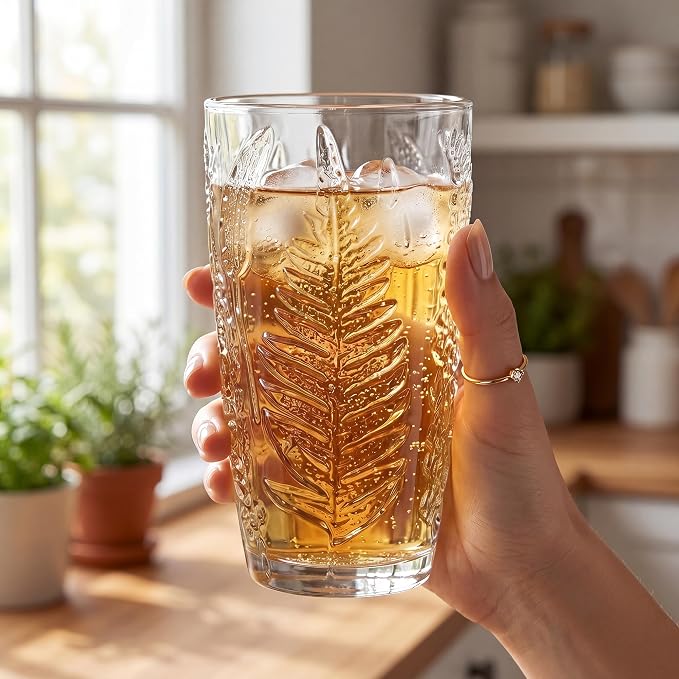 Clear Drinking Glasses Set of 4, 16 oz Glass Cups, Vintage Fern Glassware | - Image 5