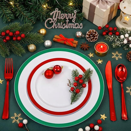 I00000 60PCS Christmas Plastic Plates, Red and Green Plastic Plates, Disposable Set Include 30 Green Dinner Plate, 30 Red Dessert Plate, Perfect for Christmas