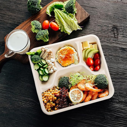 TOPZEA 50 Pack 4 Compartment Disposable Paper Plates, 9.4"x 8.6" Compostable Deep Divided Plates Heavy Duty Bagasse School Lunch Tray, Sugarcane Sectional Plate Food Containers for Dinner Buffet Party