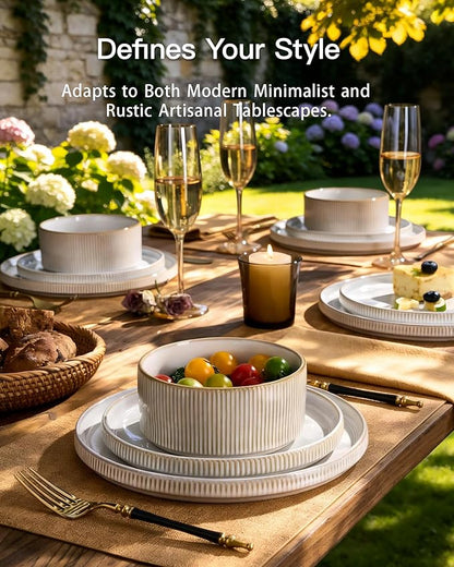 Stoneware Dinnerware Set for 4, Cappuccino White Dishes | 12 pcs Ceramic Plates - Image 2