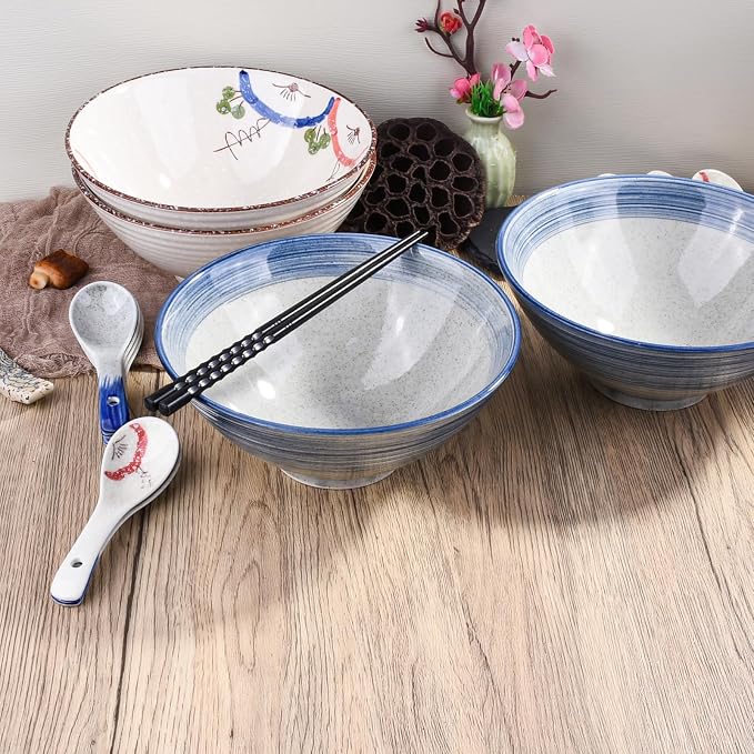 Ceramic Ramen Bowl Set of 2, 8.3" Blue Striped Japanese Noodle Bowls, Large - Image 5
