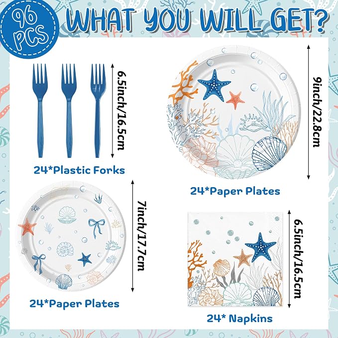 96Pcs Ocean Seashell Starfish Coral Beach Party Plates Supplies | Blue Coastal - Image 2