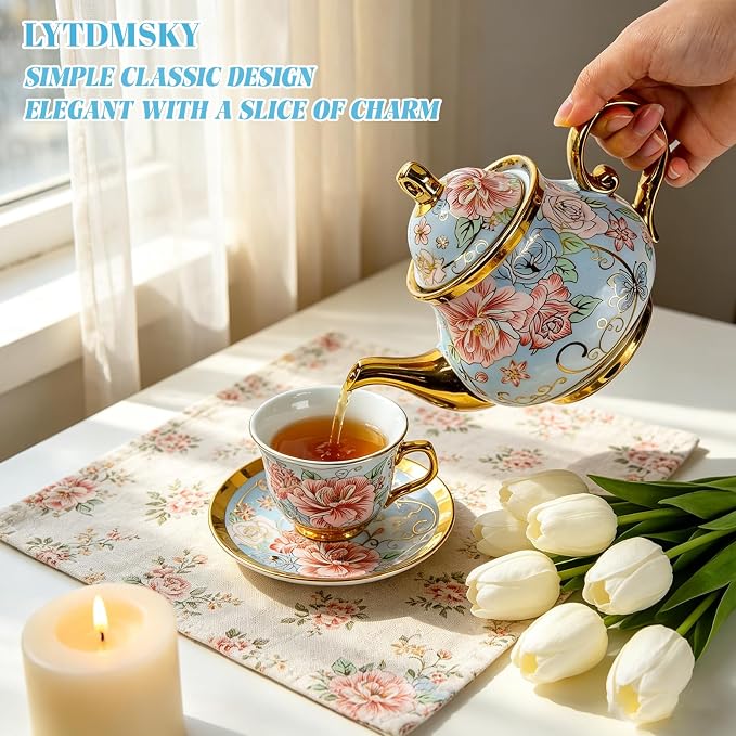 20-Piece Porcelain Tea Sets for Adults, Includes Tea Cups and Saucers, Spoons & - Image 2