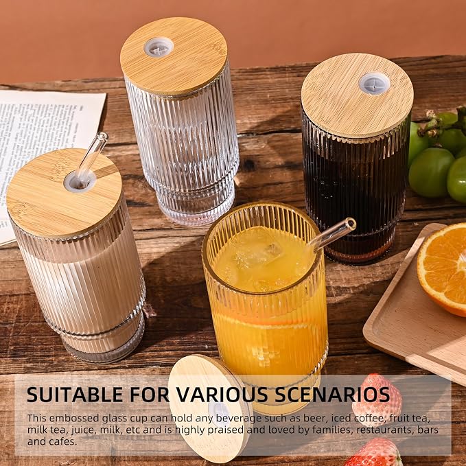 Drinking Glasses with Bamboo Lids and Glass Straw 4pcs Set, 16oz Glass Tumbler - Image 4