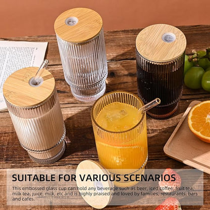 Drinking Glasses with Bamboo Lids and Glass Straw 8pcs Set, 16oz Glass Tumbler - Image 4