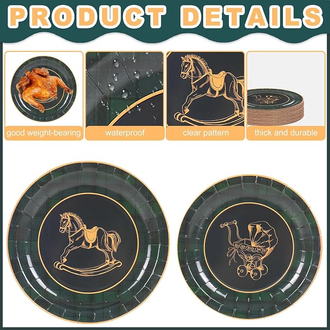 Whaline 48Pcs Baby Shower Paper Plates, Tartan Plaid, Rocking Horse, Gender - Image 3