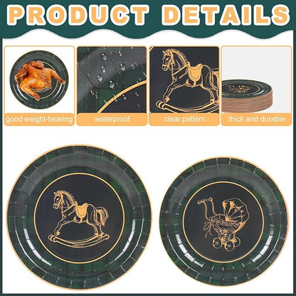 Whaline 48Pcs Baby Shower Paper Plates, Tartan Plaid, Rocking Horse, Gender - Image 3
