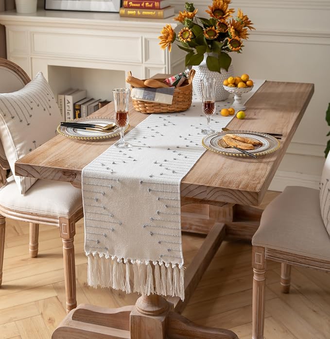 Boho Table Runner 13 x 90 Inch Long Natural Cotton Woven Runner - Image 4
