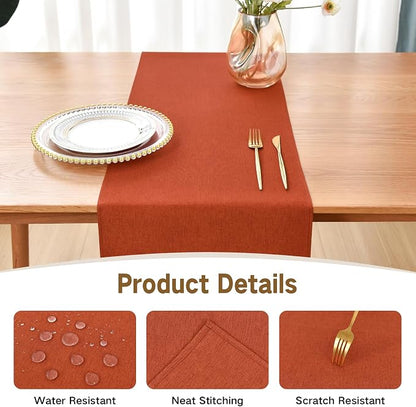 Faux Linen Table Runner Water Resistant 13 x 72 in, Rust | Farmhouse Rustic - Image 3