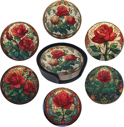 Rose Coasters for Drinks with Holder Round Leather Coasters Set of 6 Cups Mugs Mat Pad for Home Kitchen Bar