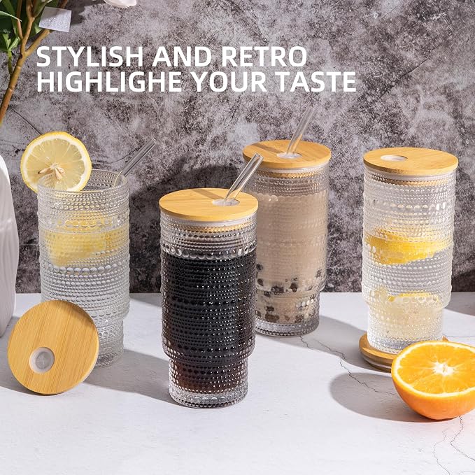Drinking Glasses with Bamboo Lids and Glass Straw 4pcs Set, 16oz Glass Tumbler - Image 6