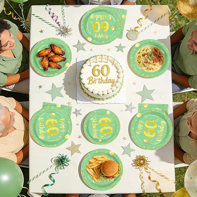 96 Pcs Sage Green Gold 60th Birthday Decorations Serves24 | 60th Birthday - Image 8