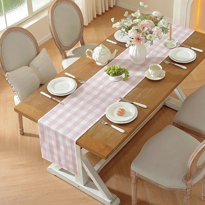 Laolitou Spring Pink Checkered Table Runner, Cotton Linen Gingham Table Runners - Image 2