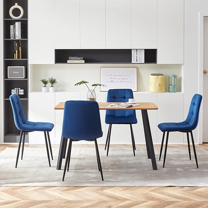 Upholstered Dining Chair Set of 4,Mid-Century Home Desk Tufted Pattern Design Side Velvet Elegant Kitchen with Sturdy Metal Legs for Home,Office, Navy Blue, Upholstered Velvet Chair