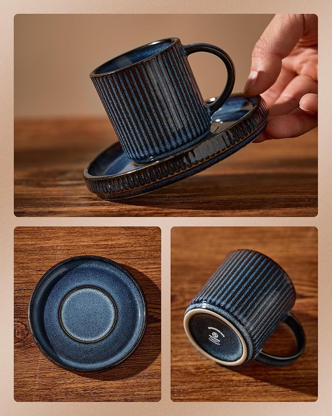 famiware 3oz Espresso Cups and Saucers, Nebulas Blue | Ceramic Small Coffee Mug - Image 3