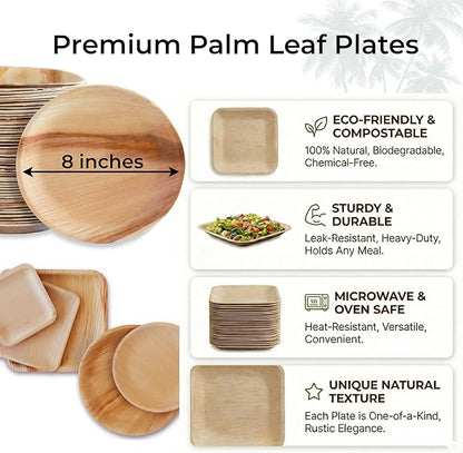 Indie Palm Disposable Palm Leaf Plates – 50 Pack 8 Inch Round – Heavy Duty, 100% Compostable & Biodegradable – Eco-Friendly Alternative to Plastic & Bamboo – Perfect for Parties & Events