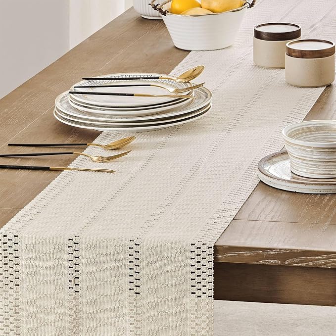 Macrame Style Boho Table Runner, 12x60 Inch Ivory | Woven Boho Table Runner - Image 5