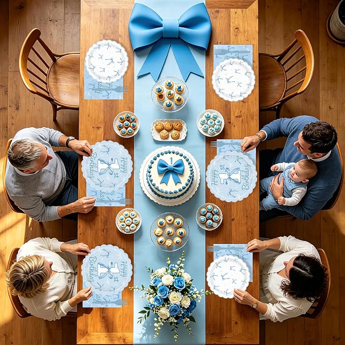 96 Pcs Blue Bow 1st Birthday Party Decoration, Serves 24 | Blue White Bow 1st - Image 8