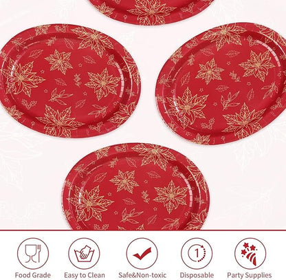 50Pcs Christmas Oval Paper Plates 10" x 12" Large Disposable Heavy Duty Red Gold Flower Poinsettia Paper Platters Xmas Poinsettia Themed Dessert Plates for Christmas Winter Holiday Party Supplies