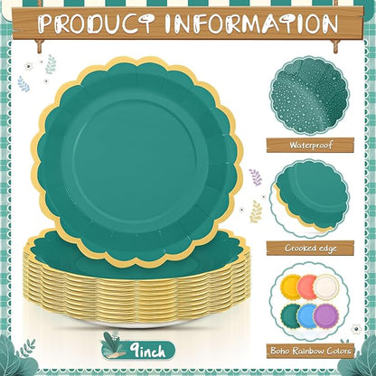 96 Pcs Boho Rainbow Paper Plates 9 Inch Colorful Scalloped Paper Plates Disposable Dinner Dessert for Birthday Wedding Bridal Party Supplies, 6 Colors