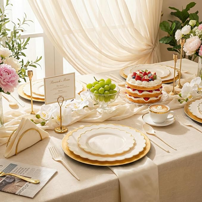 100pcs Scalloped Ivory Gold Plastic Plates, Elegant Party Plates | Includes 50 - Image 3