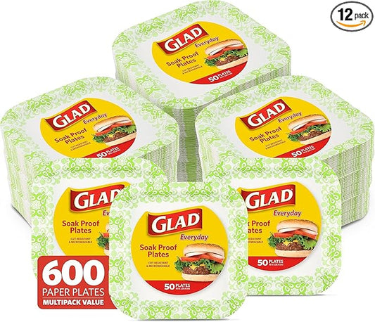 Glad Square Disposable Paper Plates, Green Victorian Pattern - Strong, Sturdy, Soak Proof, and Microwavable Decorative Plates for Dinner and Everyday Use, 10 Inch, 50 Count - 12 Pack