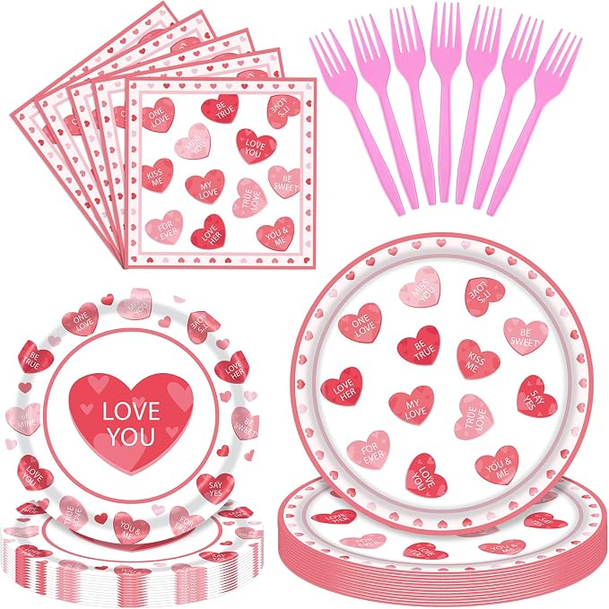 96 Pieces Valentine’s Day Tableware Set – Red and Pink Heart Message Disposable by GistomeHome