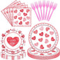 96 Pieces Valentine’s Day Tableware Set – Red and Pink Heart Message Disposable by GistomeHome