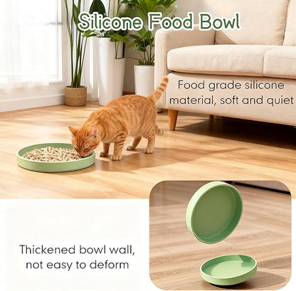 Silicone Cat Bowl Set of 2 Shallow Cat Dishes Small Non-Slip Pet Dog Bowls for Dry & Wet Food, Whisker Fatigue (Round Green)