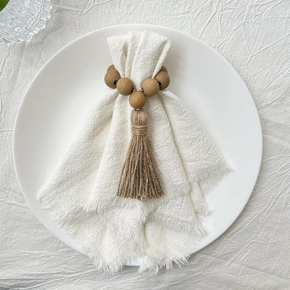 Napkin Rings Set of 12, Wooden Napkin Rings,Wood Bead Elastic Farmhouse Napkin Ring with Tassel,Boho Napkin Holder for Table Decor,Weeding,Dinner,Party(Light Brown)