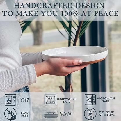 MORA Ceramic Flat Pasta Bowl Set of 4-35oz, Microwave Safe Plate with High Edge - Modern Porcelain Dinnerware for Kitchen and Eating, Large Wide Bowls/Plates for Serving Dinner, Salad, etc- Vanilla