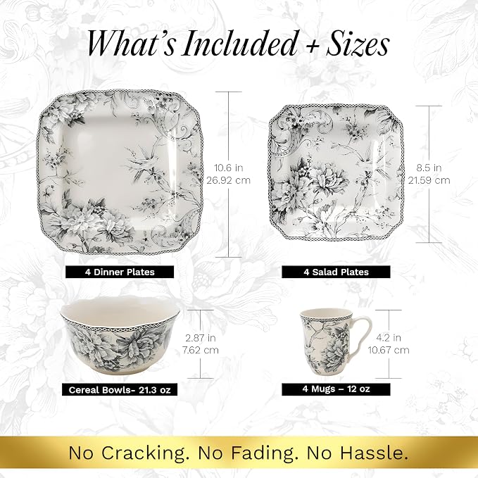 222 Fifth Adelaide Grey 16-Piece Floral Porcelain Dinnerware Set | Microwave - Image 2