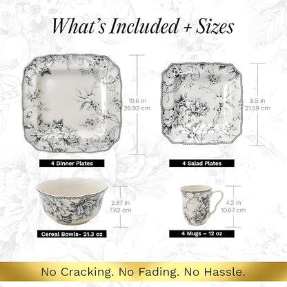 222 Fifth Adelaide Grey 16-Piece Floral Porcelain Dinnerware Set | Microwave - Image 2