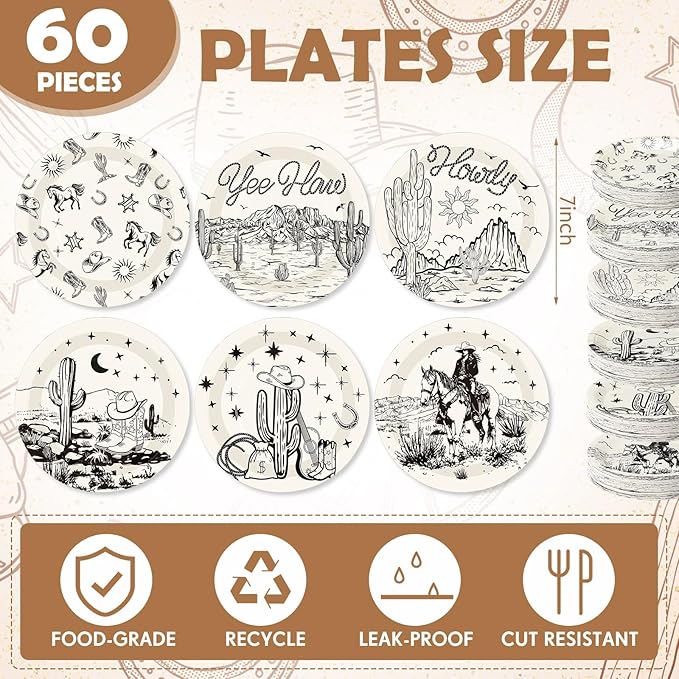 60 Pcs 7 Inch Western Cowgirl Cowboy Baby Shower Paper Plates Wild West Rodeo Decorations Tableware Dessert Dinner Plates for Rodeo Bachelorette and Birthday Party Supplies