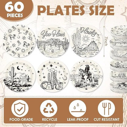 60 Pcs 7 Inch Western Cowgirl Cowboy Baby Shower Paper Plates Wild West Rodeo Decorations Tableware Dessert Dinner Plates for Rodeo Bachelorette and Birthday Party Supplies