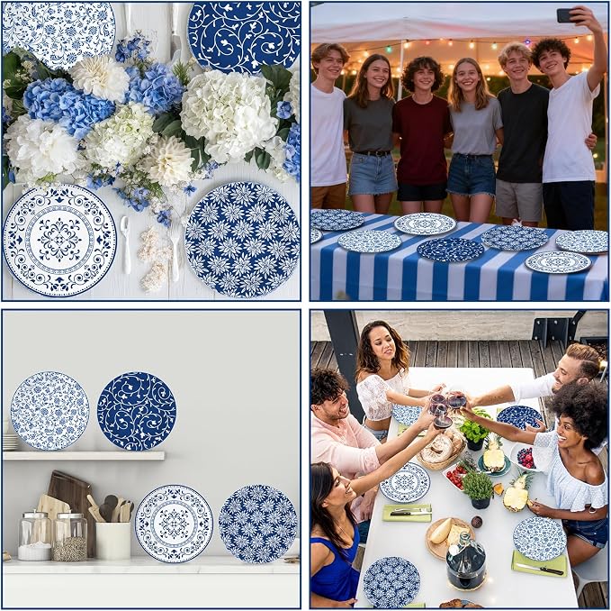4 Set 10 Inch Blue White Porcelain Dinner Plates Melamine Blue White Floral - Image 7