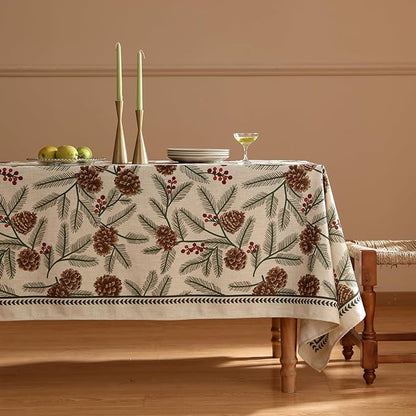 ISAENNE Designer Christmas Beige Linen Small Square Tablecloth,Pinecones Pattern Indoor Tablecloths,Washable Decor Table Cloth for Dining Thanksgiving Kitchen Christmas,55"*55"-Carol B