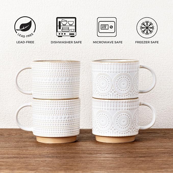 GBhome 12 oz Coffee Mugs Set of 4, Stackable Ceramic Coffee Cups Set | Modern - Image 7