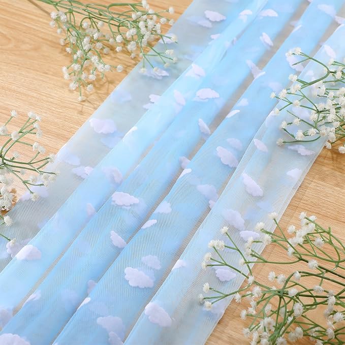 4 Pcs Blue Sky White Cloud Table Runner 29 X70 Inch Cartoon Tulle Table Runner - Image 2
