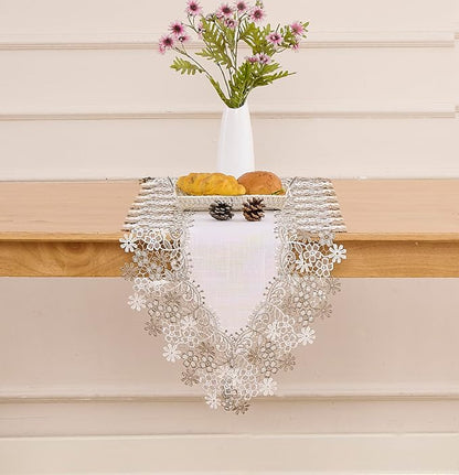 White Beige Floral Lace Table Runner Dresser Scarf | Floral Lace Border - Image 3