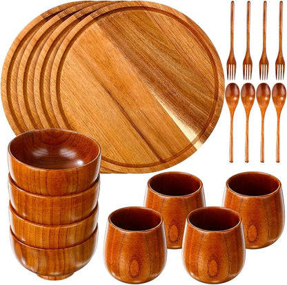 20 Pcs Acacia Wood Dinnerware Set 11.6 Inch Round Wooden Plates Bowls Tea Cups by Unknown