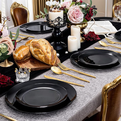 PULOTE 200PCS Black Plastic Plates - Heavy Duty Black Disposable Include 100 Each (10 inch Dinner & 7 inch Dessert) Plates, Disposable for Party, Birthday & New Year