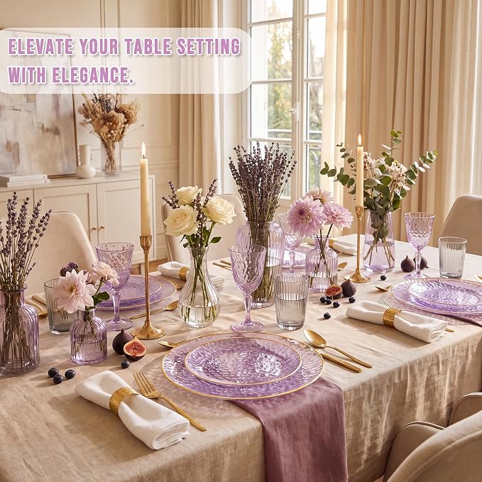 Rubtlamp 60Pcs Clear Purple Gold Plastic Plates, Hammered Plastic Plates - Image 6