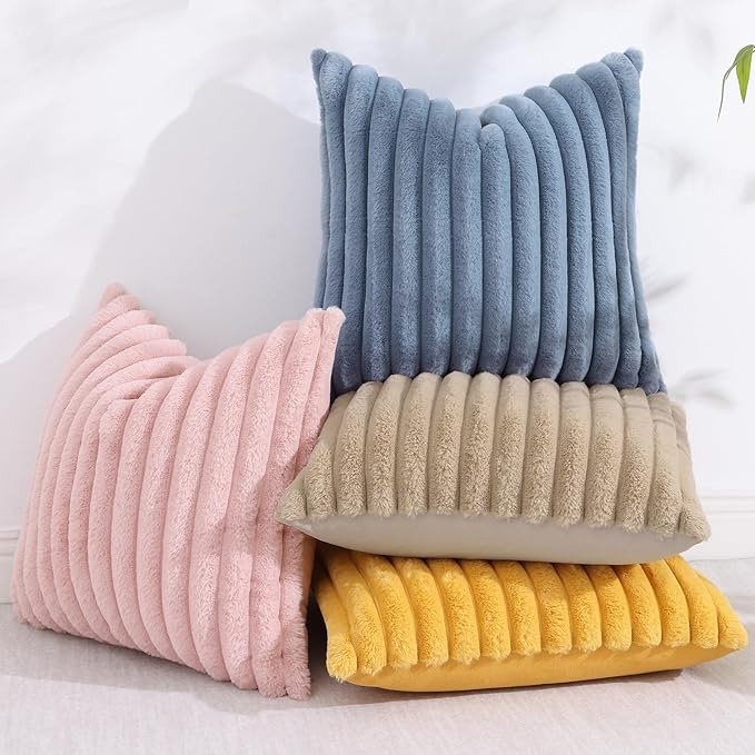 decorUhome Cozy Faux Fur Spring Throw Pillow Covers 20x20 Set of 2 Decorative Soft Plush Striped Modern Farmhouse Boho Couch Pillow Cases with Velvet Back for Sofa Bed Living Room, Grey Blue