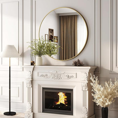 36 Inch Round Bathroom Mirror - Gold Wall Mounted Circle Mirror with Metal Frame, Modern Round Hanging Mirror Suitable for Bathroom, Vanity, Entryway, Living Room