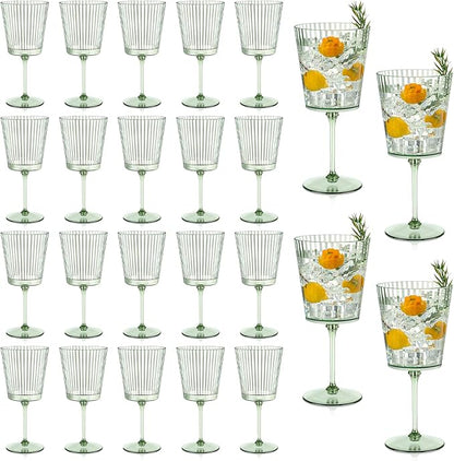 24 PCS Green Plastic Wine Glasses with Removable Stems 13.5 Oz Ribbed Wine Glasses Square White Wine Glass Muted Pastel Colors Goblets Elegant Fluted Glassware for Wedding Anniversary Birthday