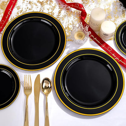 GATHER 700PCS Black Plastic Plates - Gold Disposable Plastic Dinnerware Set Include 200 6.3inch/9inch Black Plates, 300 Silverware, 100 Napkins, 100 Cups for Party & Wedding & Birthday
