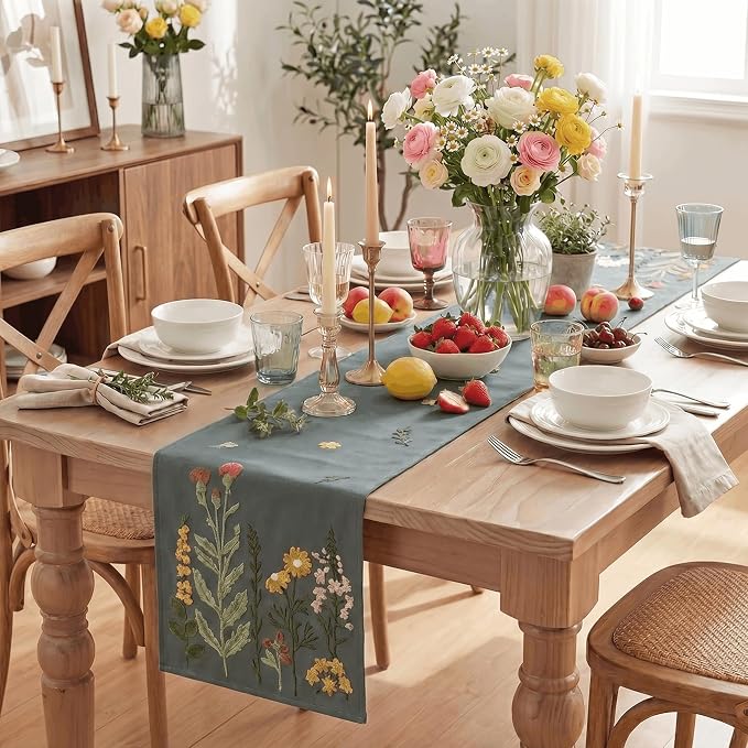 Artoid Mode Grey Soft Chain Embroidery Wild Floral Spring Table Runner - Image 5