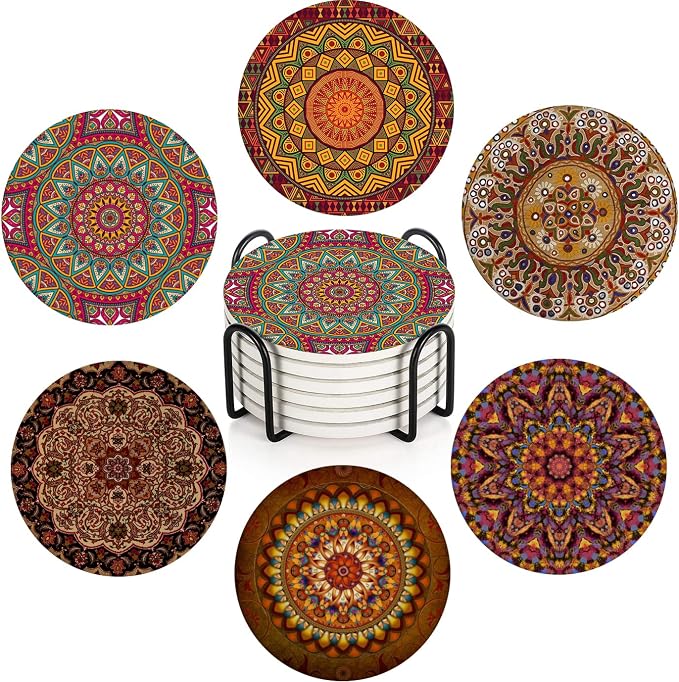 Coasters for Drinks, Ceramic Stone, Mandala Africa | Colorful Absorbent Round by Britimes