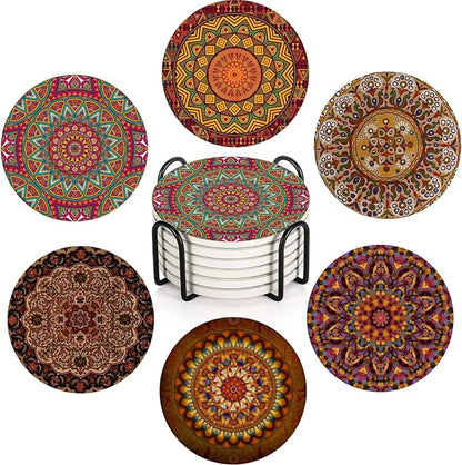 Coasters for Drinks, Ceramic Stone, Mandala Africa | Colorful Absorbent Round by Britimes